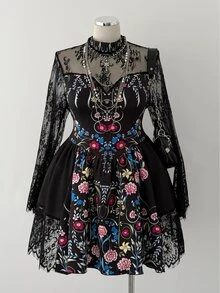 Sunspun Plus Size Floral Lace Long Sleeve Vintage Print Sheer A-Line Dress - Black - View 4