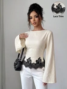 Siren Gaze 女款蕾絲拼接百褶休閒法式優雅百搭日常穿著襯衫 米色 秋季 早午餐 - 米色 - 查看 6