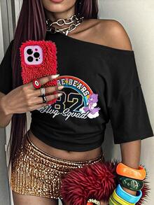Slaydiva SHEIN X Care Bears Women's Cartoon Print Asymmetrical Shoulder T-Shirt For Beach Vacation - Black - View 2