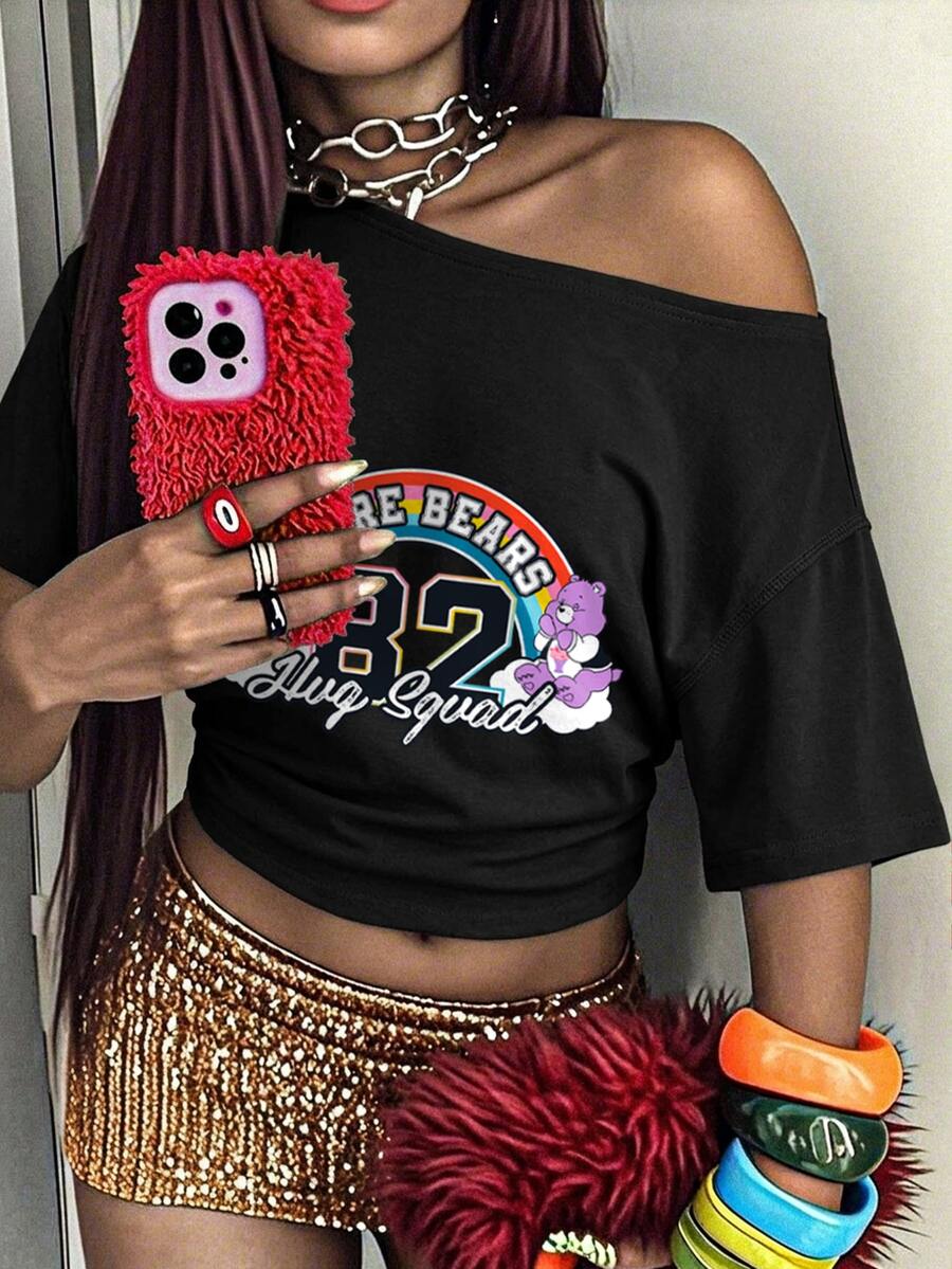 Slaydiva SHEIN X Care Bears Women's Cartoon Print Asymmetrical Shoulder T-Shirt For Beach Vacation - Black - View 1