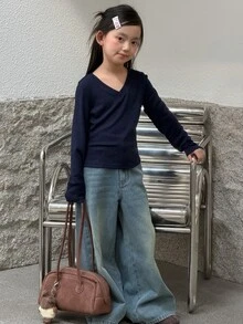 Dazy Kids Tween Girl) V-Neck Fitted Casual Long Sleeve Basic T-Shirt - Navy Blue - View 3