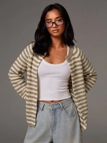 Athîral Women's Striped Raglan Long Sleeve Knit Thin Cardigan - Khaki - View 4