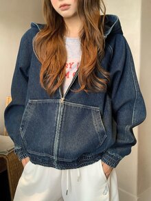 DAZY Women's Thermal Lined Hooded Loose Denim Jacket And Coat - Dark Wash - View 8