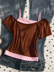 SHEIN Tween女孩時尚休閒2合1街頭風T恤，打造時尚單品，假日穿搭 - 棕色 - 查看 4