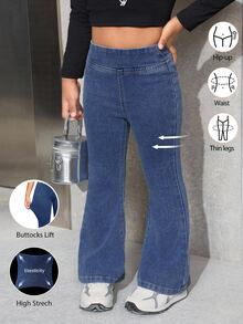 SHEIN 女童 Y2K 藍色丹寧彈性緊身喇叭褲，秋季休閒舒適穿著，2000 年代風格，彈性針織丹寧內搭褲，返校服裝，女童喇叭牛仔褲，高腰喇叭牛仔褲，彈性喇叭牛仔褲，女童冬季喇叭牛仔褲 - 深色水洗藍 - 查看 1