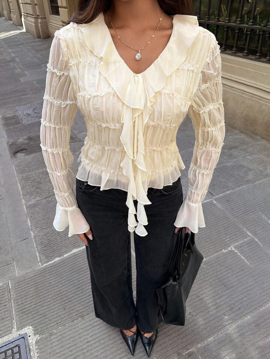 Siren Gaze Women's Solid Color Elegant V-Neck Ruffle Textured Chiffon Blouse, Autumn/Winter - Apricot - View 1