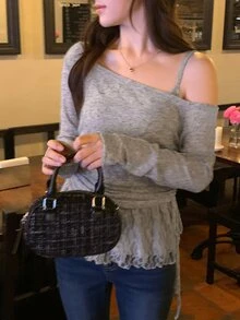 DAZY Grey Asymmetrical Shoulder Fitted Long Sleeve Solid Color Knit Top T-Shirt - Grey - View 3