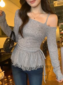 DAZY Grey Asymmetrical Shoulder Fitted Long Sleeve Solid Color Knit Top T-Shirt - Grey - View 2
