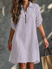 SHEIN Tall CURVE 大尺碼女款法式休閒夏季短袖V領長版洋裝 - 紫色 - 查看 1