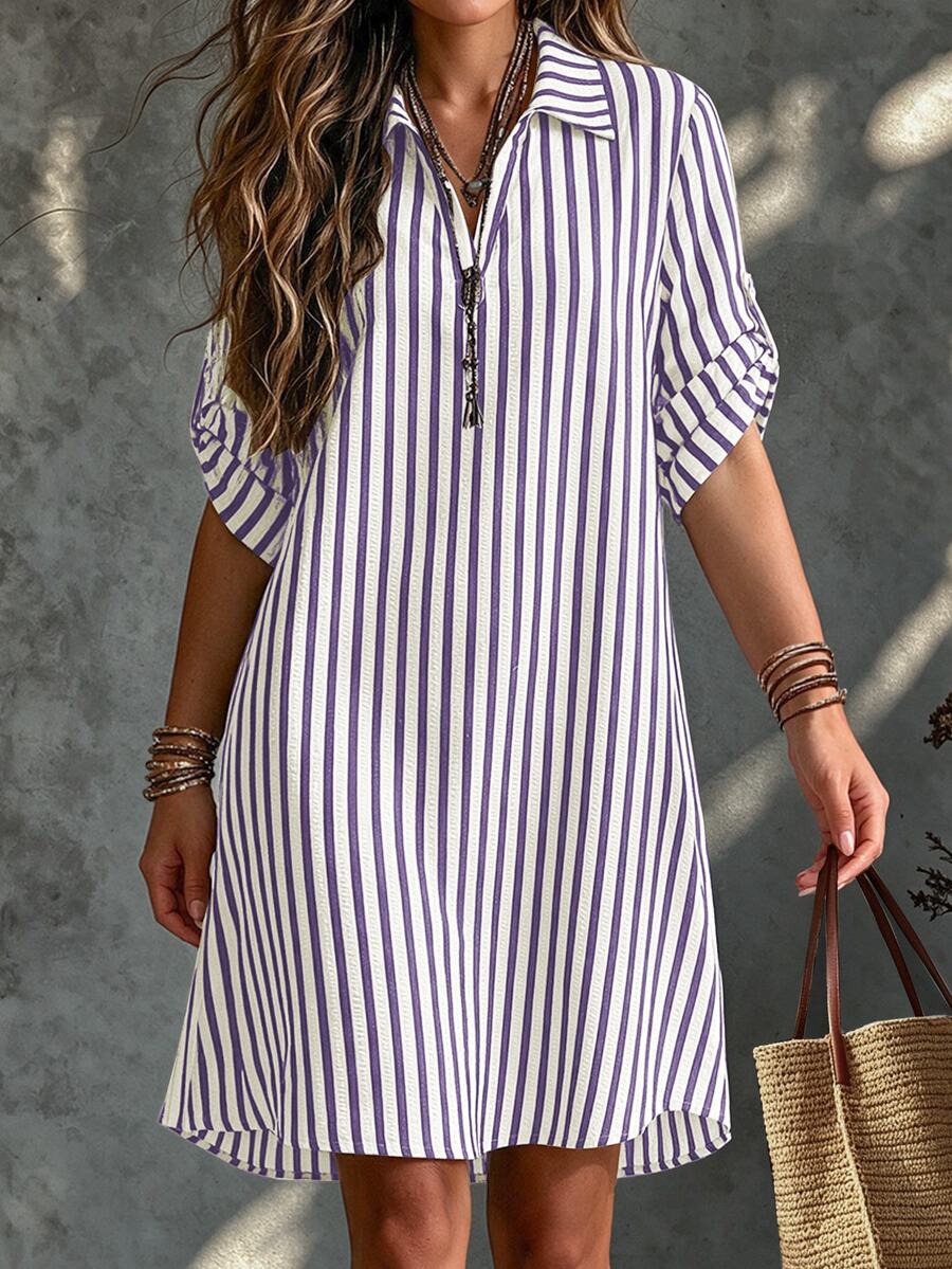 SHEIN Tall CURVE 大尺碼女款法式休閒夏季短袖V領長版洋裝 - 紫色 - 查看 1