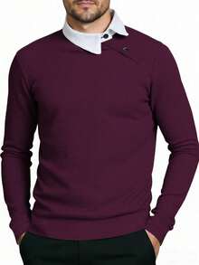 Manfinity Homme 男士對比色長袖 Polo 衫，老錢風黑白配色秋季商務休閒辦公背心，禮品、儀式適用 - 酒紅色 - 查看 5
