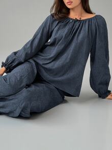 Livesso Women's Bow Decor Raglan Long Sleeve Top And Pants Pajama Set - Navy Blue - View 10