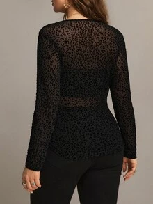 Freevana 復古黑色 3D 豹紋植絨長袖上衣，圓領修身顯瘦上衣，歐美風女款內層，秋冬女款底層，百搭 T-shirt 上衣 - 黑色 - 查看 2