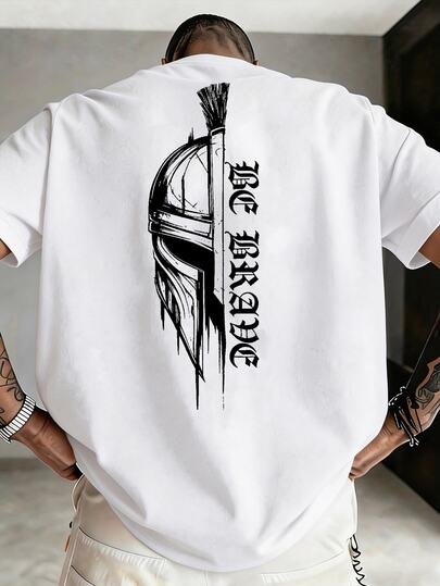 Manfinity Homme Men's Plus Size Classic Street Spartan Helmet Double-Sided Print Fitted T-Shirt, Suitable For Daily Wear And Gatherings