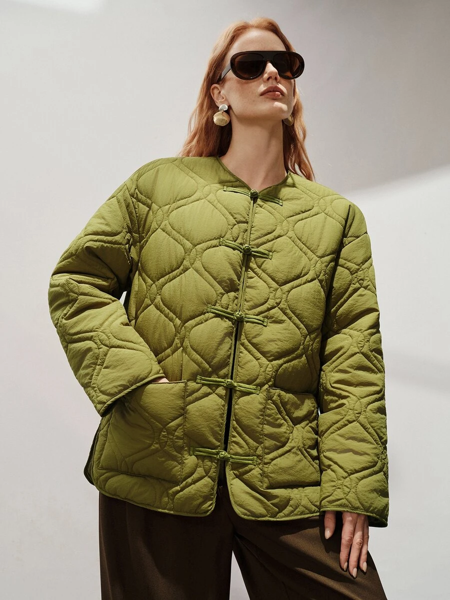 Aveloria Modichic Mantel Kasual Empuk Minimalis Gaya Cina dengan Kancing dan Dua Saku - Olive Green - View 1