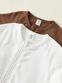 SHEIN 2件裝新生兒男嬰女嬰秋冬純色針織柔軟圓領長袖連身褲，百搭舒適 - 彩色 - 查看 4