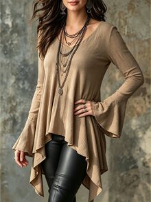 Linhara CURVE Fashion Casual French Vintage Elegant Commuter Ruffle Khaki Blouse - Khaki - View 4