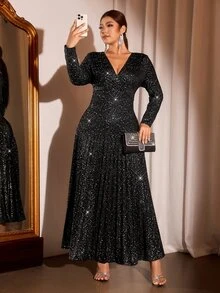 Cravure Plus Size Women V-Neck Shiny Casual Party Dress - Black - View 3