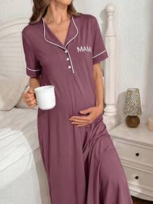 Moonlight&Mama Solid Color Comfortable Fabric Letter Print MAMA Front Pocket Button-Up Short Sleeve Maternity Long Dress Nightgown - Red Violet - View 4