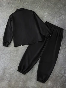 SHEIN 兒童青少年男孩休閒時尚酷炫賽車運動風拼色字母印花長袖連帽舒適外套與長褲兩件套，適合秋冬穿著 - 黑色 - 查看 2