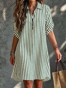 SHEIN Tall CURVE 大尺碼女款法式休閒夏季短袖V領長版洋裝 - 墨綠色 - 查看 6