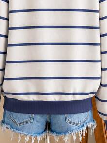 SHEIN Plus Size Women V-Neck Striped Casual Daily Wear Sweatshirt - Multicolor - View 4