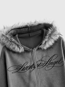 ROMWE Y2K Plus Size Women's Letter Print Plush Patchwork Casual Daily Hooded Washed Distressed Sweatshirt - Grey - View 3