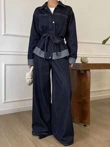 DAZY Women's Washed Dark Blue Loose Tie Waist Cinched Waist Denim Set - Dark Wash - View 1