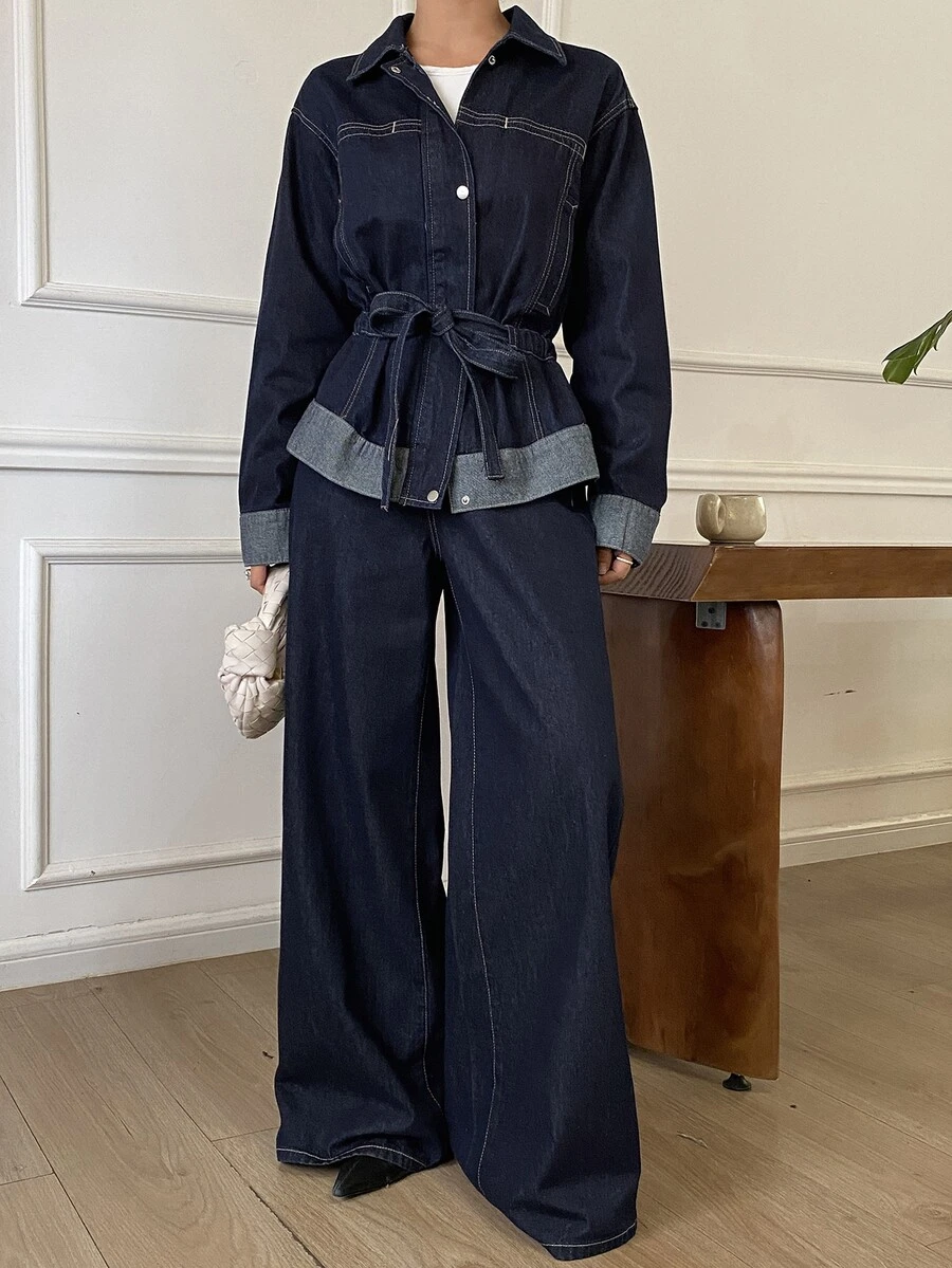 DAZY Women's Washed Dark Blue Loose Tie Waist Cinched Waist Denim Set - Dark Wash - View 1