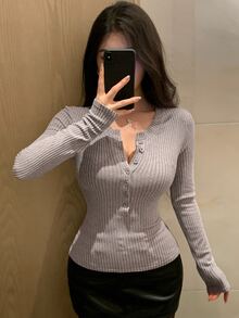 DAZY 女款羅紋修身性感休閒套頭T恤 - 灰色 - 查看 6