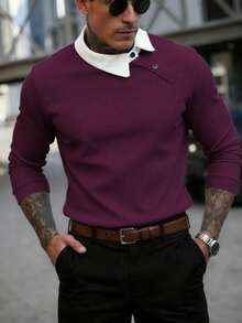 Manfinity Homme 男士對比色長袖 Polo 衫，老錢風黑白配色秋季商務休閒辦公背心，禮品、儀式適用 - 酒紅色 - 查看 3