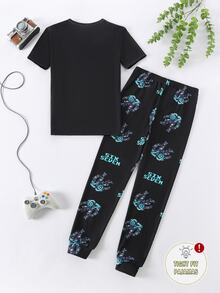 Boys Long Sleeve Long Pants Set, Slim Fit Cyber Robot Print Glow-In-The-Dark Pajamas Loungewear - Black - View 2