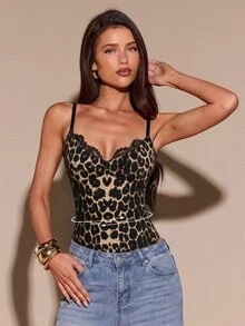 SHEIN BAE Fall Winter Beige Leopard Print Lace Trim Deep V Spaghetti Strap Bodycon Sleeveless Bodysuit Thanksgiving Party Night Out Brunch - Multicolor - View 1