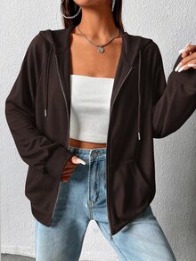 SHEIN EZwear 大尺碼女款純色休閒百搭日常穿著連帽衛衣 - 巧克力棕 - 查看 5