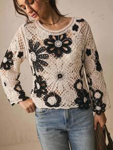 Freevana Women's Floral Pattern Casual Everyday Long Sleeve Sweater - Black and White - View 4