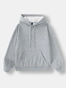 SHEIN EZwear Casual Loose Thick Women's Light Gray Floral Fleece Sweatshirt With Pockets And Drawstring, Suitable For Autumn/Winter - Light Grey - View 4