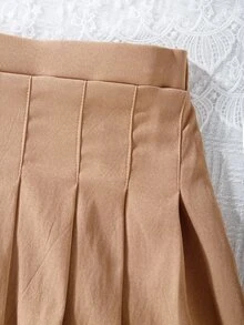 SHEIN 青少年女孩秋季純色抓皺短款休閒可愛裙，適合假期、秋季、旅行、校園，海軍藍 - 卡其色 - 查看 4