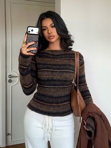 Aloruh Sweater Wanita Gaya Vintage Liburan dengan Blok Warna dan Desain Pinggang yang Pas, Gaya Streetwear - Coffee Brown - View 8