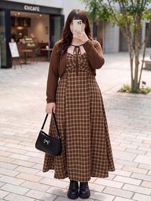 Bijouette Plus Size Women's Plaid Pleated Dress And Solid Color Cardigan Casual 2 Pieces Set Fall - Coffee Brown - View 5