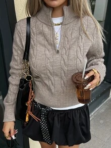 Livesso Tall Women's Knitted Cable Knit Casual Loose Sweater - Khaki - View 4