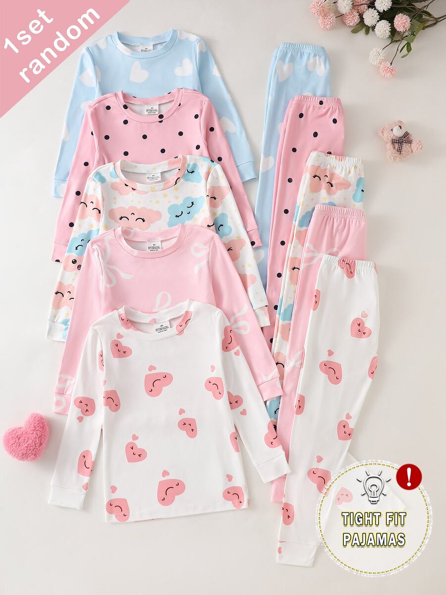 SHEIN (5套隨機發送 1套女童幼兒針織圓領長袖上衣與長褲 白色 藍色 粉色 雲朵愛心蝴蝶結卡通圖案 可愛簡約休閒舒適柔軟貼身家居服 適合四季) - 彩色 - 查看 1