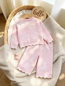 SHEIN Baby Outfit Set Pink Floral Baby Sweater Set Round Neck Long Sleeve Knit Top And Pants - Baby Pink - View 2