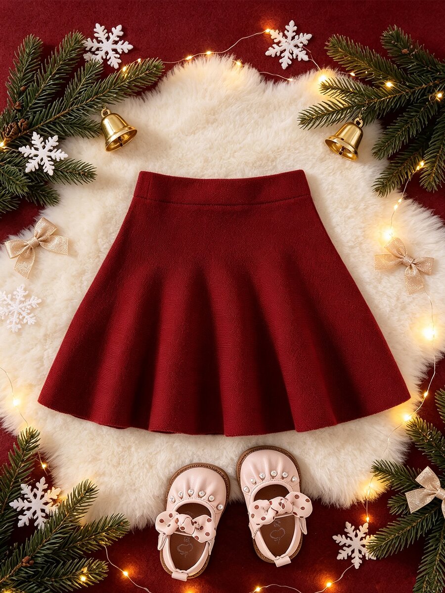 SHEIN Young Girl Sweater Skirt Set, A-Line Skirt, High Waist, Solid Burgundy Red Christmas Matching Mommy Daughter Mommy And Me Fall Baby Doll Winter - Burgundy - View 1