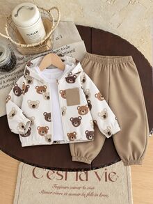 SHEIN Baby Boy Autumn/Winter Brown Long Sleeve Jacket & Elastic Waist Long Pants 2 Pieces Set, Suitable For Christmas Gift And Outdoor Wear - Multicolor - View 3