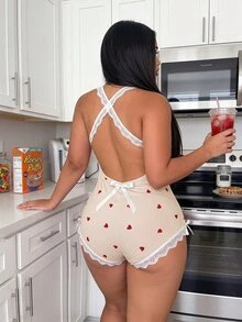 ZzzCrew Plus Size Colorblock Lace Backless Cherry Print Cami Jumpsuit Pajamas - Apricot - View 3