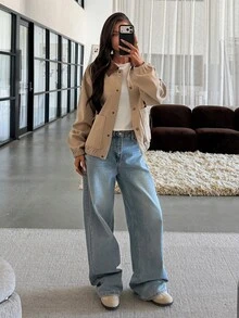Aloruh 女款優雅休閒通勤麂皮人造毛拼接棕色收腰長版夾克，秋冬長袖老錢風 - 棕色 - 查看 5