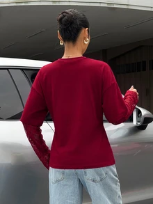 Muchica 女款白色針織收腰設計對比蕾絲 2 合 1 T恤 - 酒紅色 - 查看 2