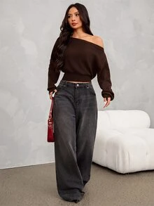 SHEIN PETITE 女款純色不對稱肩休閒性感優雅百搭日常長袖針織衫，適合夜晚外出與早午餐，黑色，秋季 - 棕色 - 查看 8