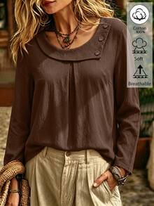 Weeklong Plus Size Cotton Fold Collar Long Sleeve Button Decor Loose Fit Casual Blouse Top - Brown - View 3