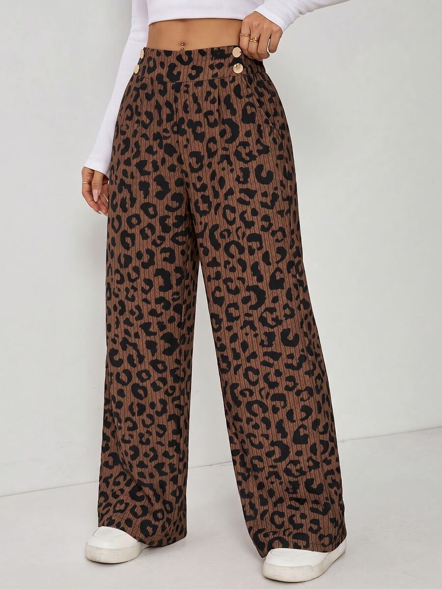 SHEIN EZwear Plus Size Women's Leopard Print Casual Wide Leg Pants With Waist Button Design - Brown - View 1